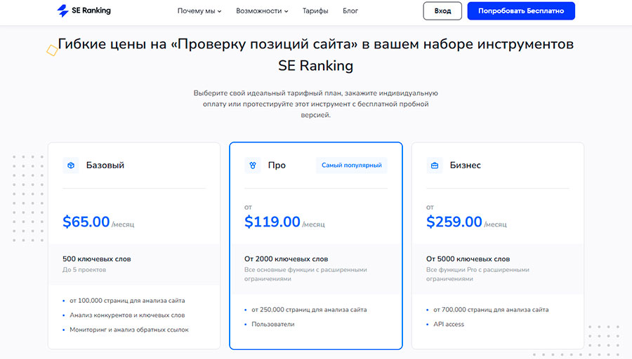 Цены на проверку позиций сайта в SE Ranking