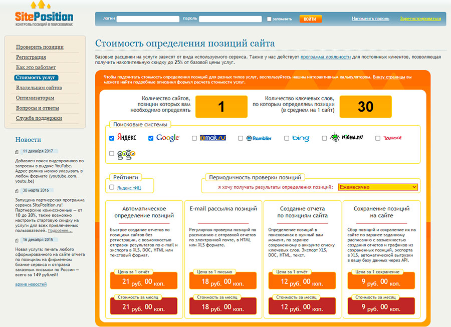Стоимость определения позиций сайта сервисом siteposition